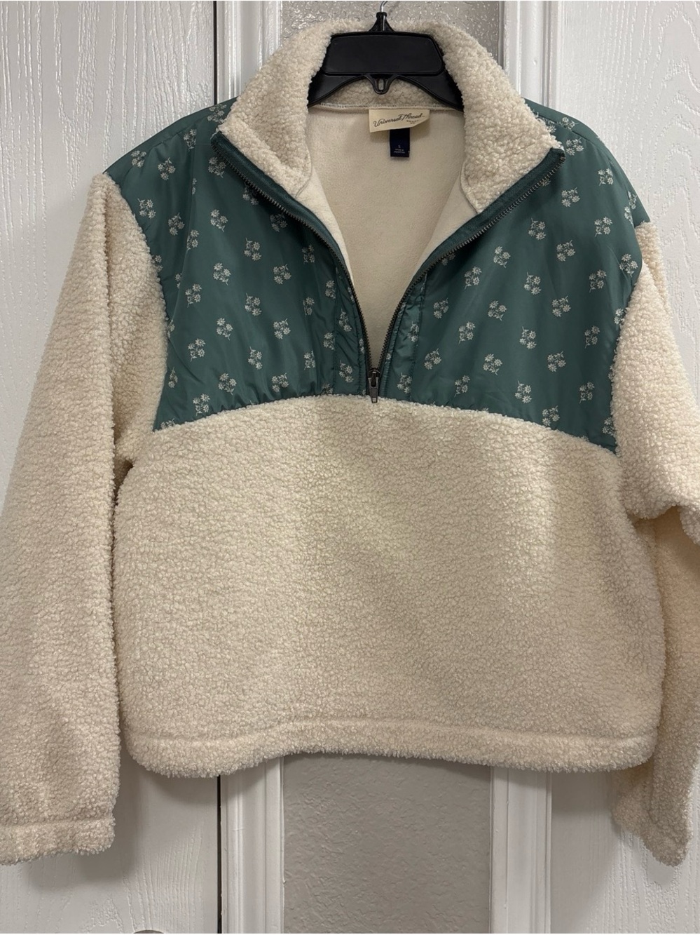Universal Thread Cream Sherpa Pullover with Green Floral Yoke